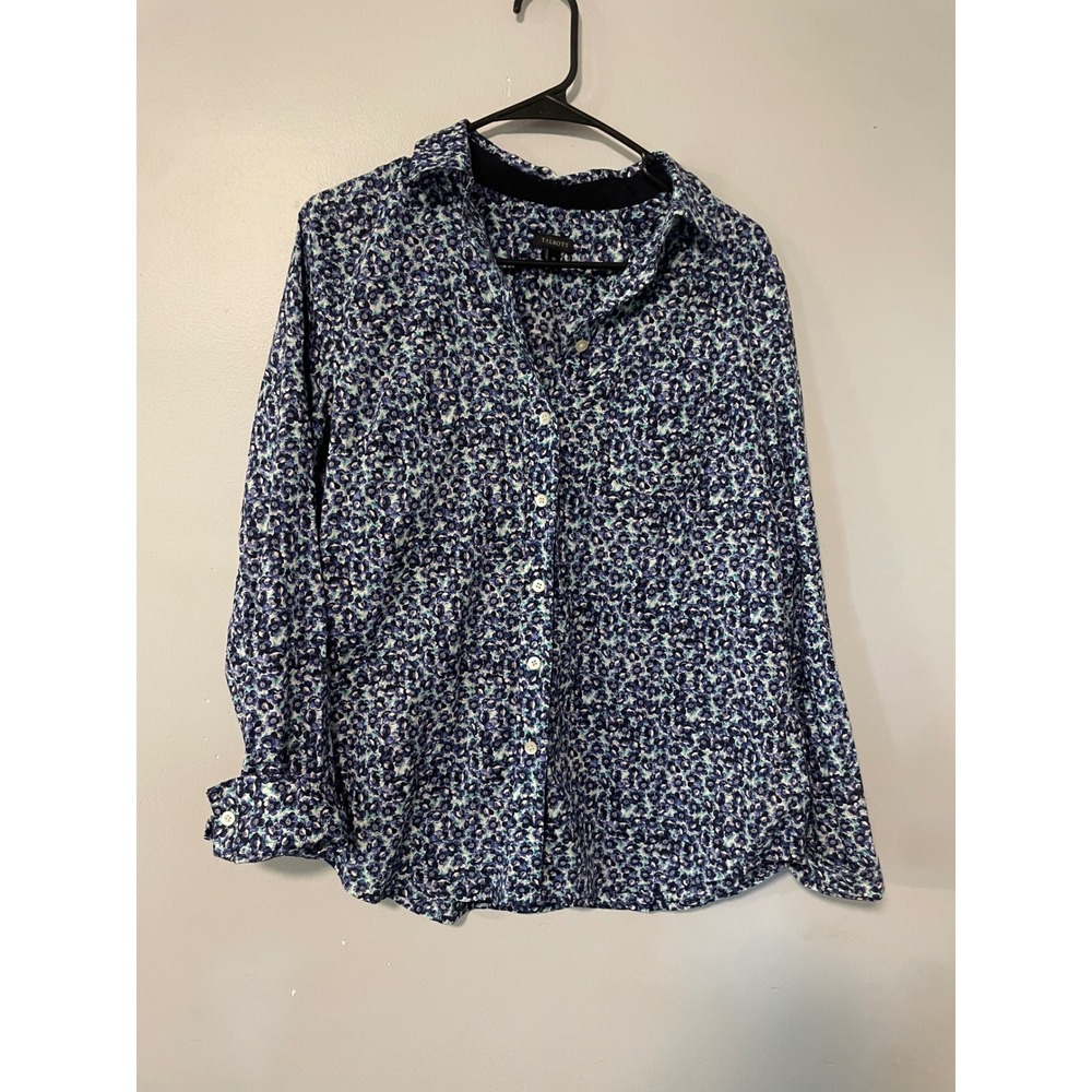 Talbots Womens 10 Blue Floral Cotton Button Down Shirt Long Sleeve Blouse